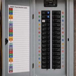 May include: A gray electrical panel with a white label that reads "PASST- Panel Attached Labels." The panel has multiple circuit breakers and numbered labels in various colors, from 1 to 30. The panel is mounted on a wall.