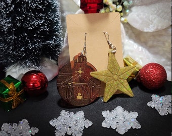 Merry Christmas Nativity and Christmas Star Earrings