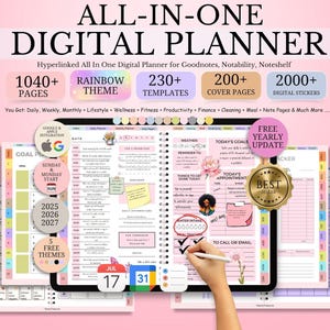 May include: A digital planner with a rainbow theme, featuring 1040+ pages, 230+ templates, and 200+ cover pages. The planner includes digital stickers and is designed for Goodnotes, Notability, and Noteshelf. The planner includes a free yearly update.