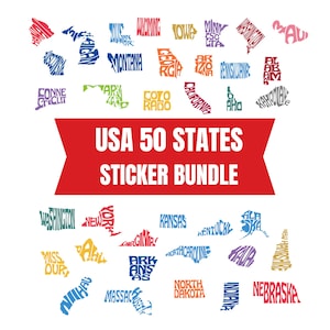 May include: A sticker bundle featuring the USA's 50 states, each represented by a colorful outline of its shape. The text "USA 50 STATES STICKER BUNDLE" is displayed on a red banner. The stickers are in various colors.