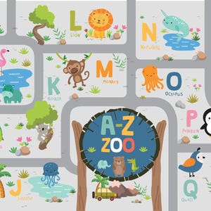 May include: A colorful children's play mat featuring an alphabet zoo theme. Each letter of the alphabet is paired with an animal illustration, such as a lion, giraffe, and zebra. The mat includes a road design and the text "A-Z ZOO".