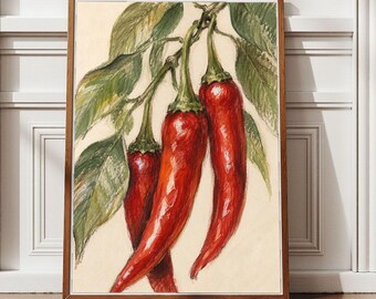 Póster vintage de pimiento rojo, lámina decorativa rústica para la cocina, ilustración botánica de pimiento, decoración de estilo granja, descarga digital.