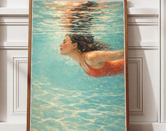 Póster de mujer bajo el agua, piscina, arte de pared, pintura veraniega costera, decoración de baño, arte turquesa, descarga digital
