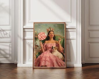 Póster con retrato de María Antonieta y Candy, lámina de arte mural rococó romántico, pintura de bulldog francés, decoración coqueta, descarga digital.