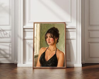 Póster de retrato femenino oscuro, lámina de arte mural de pintura al óleo con ambiente melancólico, retrato de mujer elegante, decoración vintage glamurosa, descarga digital.