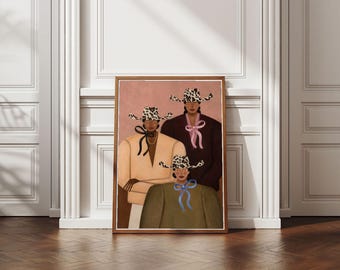 Póster con retrato de vaquera con estampado de vaca, lámina decorativa de estilo western, decoración femenina para rancho, pintura vaquera moderna, descarga digital.