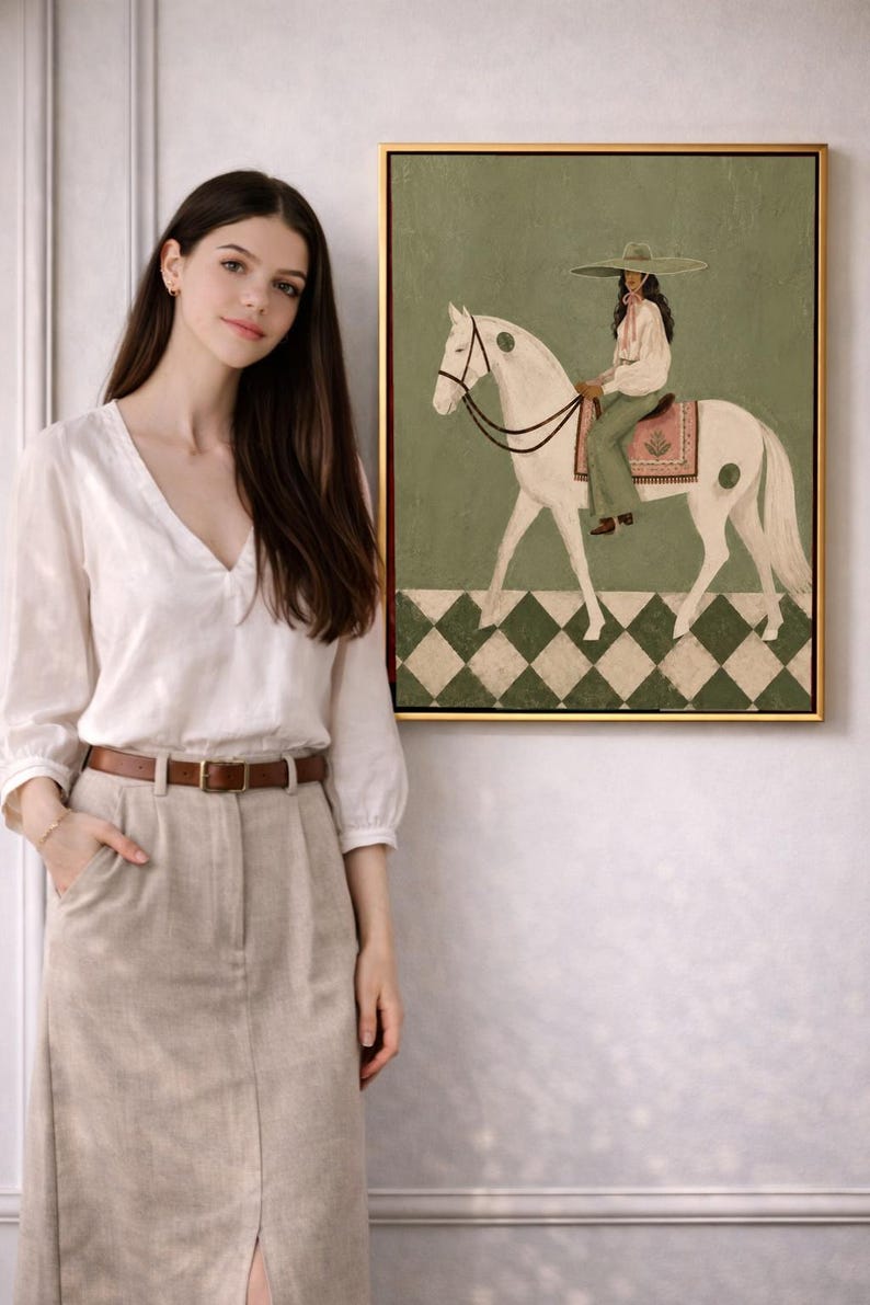 May include: A framed wall art print featuring a painting of a person wearing a wide-brimmed hat and light-colored clothing, riding a white horse. The horse stands on a green and white checkered floor against a solid sage green background.
