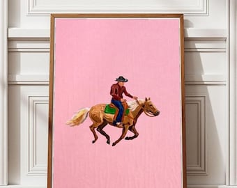 Póster de vaquero con caballo sobre fondo rosa, arte de pared, impresión de estilo minimalista, decoración moderna de rancho - descarga digital, arte rosa