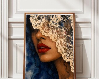 Póster con retrato de primer plano de una mujer artística con velo de encaje, ideal para decorar paredes, habitaciones, con un estilo sensual y vintage, en tonos azules (descarga digital).