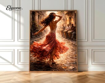Lámina de arte callejero con bailarina de flamenco, pintura de atardecer mediterráneo, decoración de pared estilo boho español (descarga digital)