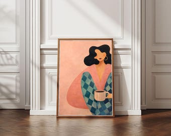 Girl Drinking Coffee Print, Pastel Pink Poster, Living Room Wall Art, Cute Pop Style, Digital Download