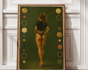 Póster artístico de mujer de espaldas, figura minimalista, arte de pared, decoración moderna para dormitorio, tonos verdes, decoración femenina (descarga digital)