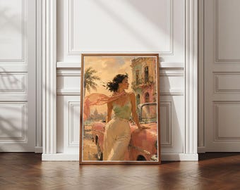 Póster vintage de una mujer cubana con un coche rosa y palmeras, ideal para decorar paredes o salas de estar, con un estilo retro tropical y tonos pastel. Descarga digital.