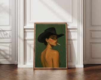 Póster con retrato de vaquera verde oscuro, lámina de arte mural del oeste con ambiente melancólico, pintura de vaquera femenina, decoración de rancho vintage, descarga digital.