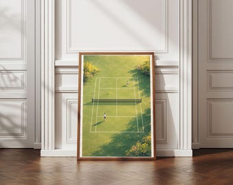 Tennis Court Poster, Vintage Painting, Sports Wall Decor, Green Artwork, Country Club Art, Digital Download, Tennis lover Birthday Gift