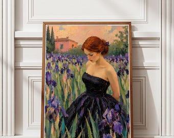 Póster de mujer pelirroja en un campo de lirios / Arte floral para pared / Decoración romántica para dormitorio / Decoración en morado y verde / Descarga digital