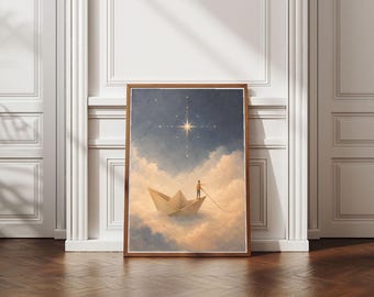 Paper Boat Poster, Surreal Whimsical Painting, Nursery Night Sky, Cloud Wall Decor, Digital Download, Baby Shower Gift, Therapy Studio Decor