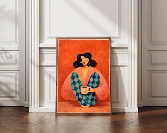 Woman Coffee Print, Retro Minimalist Poster, Art Orange, Bedroom Decor, Warm Cozy Vibe, Digital Download, Gift for Her, Booknook quiet vibe