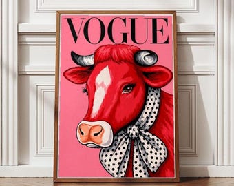 Póster de moda estilo vaca Vogue / Arte de pared / Estampado animal rojo chic / Decoración de estilo maximalista / Arte divertido para la cocina / Descarga digital