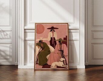 Póster elegante de reunión de vaqueras, lámina de arte mural del oeste femenino, decoración de rancho con ambiente melancólico, pintura de moda en rosa y oliva, descarga digital.