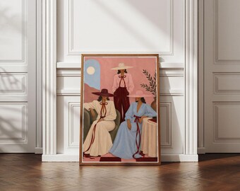 Póster de moda vaquera en tonos pastel, lámina decorativa rosa de estilo western, decoración femenina para rancho, elegante pintura de vaquera, descarga digital.