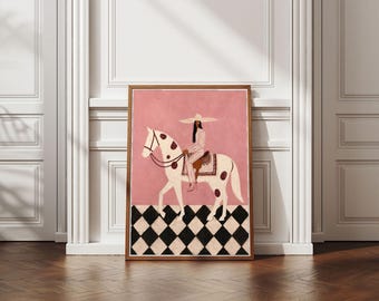 Póster de caballo rosa con lunares, lámina de arte surrealista del Oeste para pared, decoración femenina de vaquera, pintura de caballo caprichosa, descarga digital.