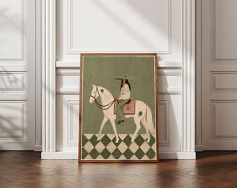 Póster de vaquera a caballo en verde salvia, lámina decorativa de rancho del oeste, decoración ecuestre vintage, pintura western suave, descarga digital.