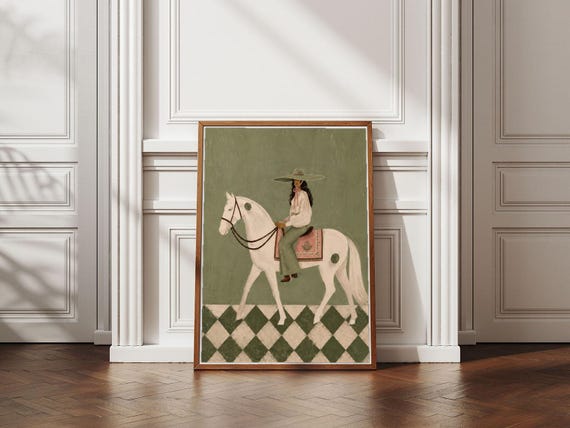 Sage Green Cowgirl Horse Poster, Western Ranch Wall Art Print, Vintage Equestrian Decor, Soft Western Painting, Digital Download