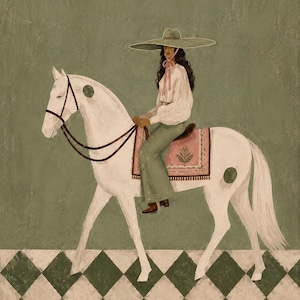 May include: A painting of a person wearing a wide-brimmed hat and a white blouse riding a white horse with dark spots. The horse wears a saddle with a pink floral blanket. The background is sage green with a green and white checkered floor pattern.