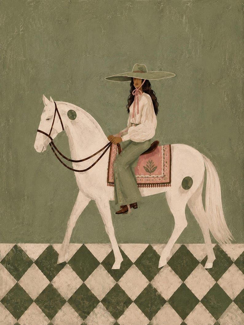May include: A painting of a person wearing a wide-brimmed hat and a white blouse riding a white horse with dark spots. The horse wears a saddle with a pink floral blanket. The background is sage green with a green and white checkered floor pattern.