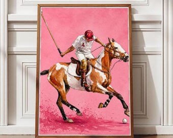 Póster de jugador de polo a caballo sobre fondo rosa, arte de pared, pintura dinámica de caballo, decoración de rancho, lámina deportiva vintage, descarga digital, arte rosa