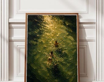 Póster abstracto de nadadores en agua dorada, arte para pared, decoración de lujo para sala de estar, arte texturizado verde dorado (descarga digital)