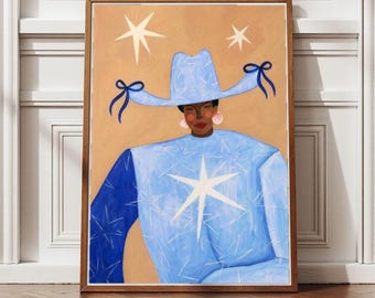 Póster de mujer vaquera azul, arte de pared de moda western, sombrero de estrella, retrato minimalista chic, decoración moderna, descarga digital.