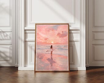 Impressionist Surf Girl Art | Ocean & Beach Wall Decor | Pastel Pink Digital Print | Surfer Gift Idea