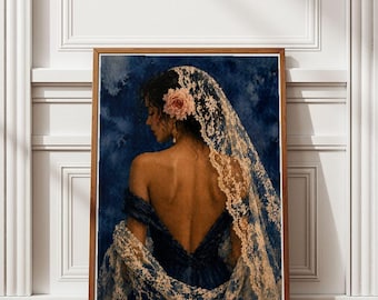 Póster de mujer española con velo de encaje / Arte mural vintage / Decoración de dormitorio azul oscuro (Descarga digital)