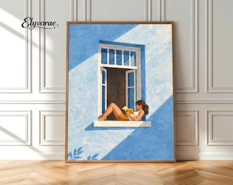 Arte mural de lectura, impresión de niña, decoración de rincón acogedor, póster de verano, estilo mediterráneo, descarga digital