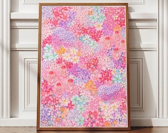 Estampado floral rosa colorido / Arte de pared / Decoración de estilo botánico cottagecore / Primavera femenina - Descarga digital