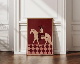 Póster de vaquera roja sobre caballo blanco, lámina decorativa de estilo western, decoración de rancho burdeos, elegante pintura de caballo, descarga digital.
