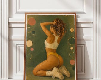 Póster de mujer atlética de espaldas, arte mural moderno, regalo para amantes del fitness en el dormitorio, estilo deportivo, tonos verdes (descarga digital)