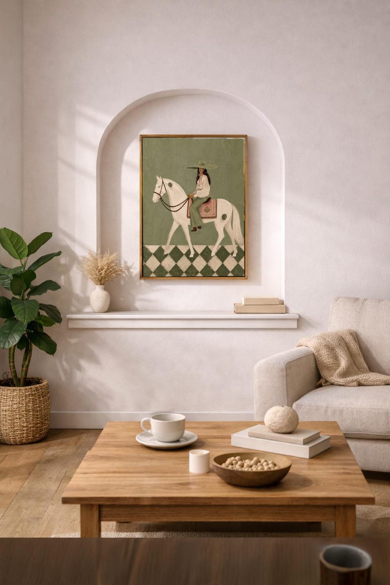 May include: A framed rectangular wall art print featuring a painting of a person wearing a wide-brimmed hat and green trousers riding a white horse. The horse stands on a green and white checkered floor against a solid sage green background.
