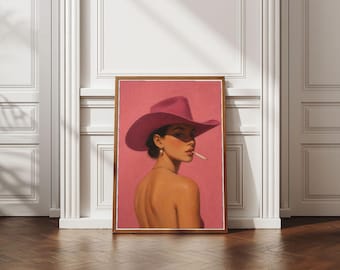 Póster con retrato de vaquera rosa, lámina decorativa de estilo western, pintura de vaquera femenina, decoración estética rosa melancólica, descarga digital.
