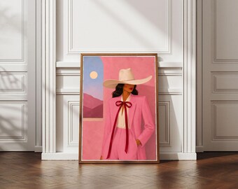 Póster rosa de moda western, lámina decorativa vaquera chic, decoración femenina de rancho, elegante pintura vaquera rosa, descarga digital.