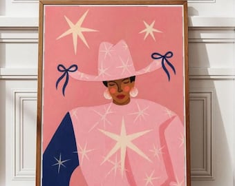 Póster de vaquera rosa con sombrero de estrella, moda western, arte de pared, estilo minimalista, decoración bohemia moderna, descarga digital.