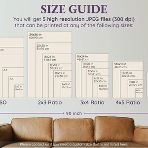 May include: A size guide chart displaying five high-resolution JPEG files with various print dimensions in inches and centimeters. The chart includes ISO, 2x3, 3x4, 4x5 ratios, and 11x14 sizes, positioned above a brown leather sofa with a 90-inch width label.