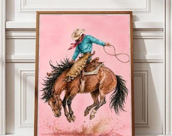 Póster de vaquero rodeo con caballo, fondo rosa, arte de pared, pintura de caballo salvaje, estilo rancho rústico, impresión western, descarga digital, arte rosa