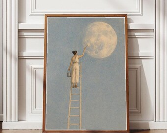 Póster de mujer pintando la luna, celestial y onírico, arte de pared, decoración minimalista de cielo azul, pintura de luna de estilo surrealista, descarga digital.
