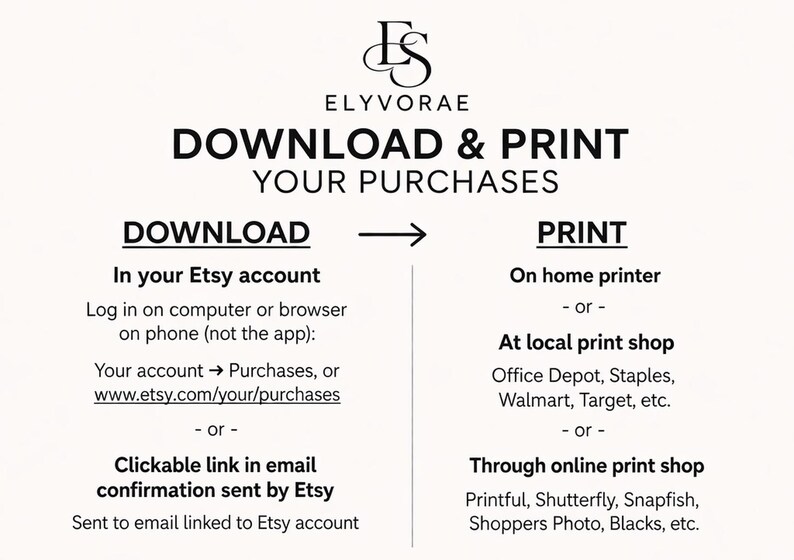 May include: An informational graphic with the logo ELYVORAE at the top. The text reads DOWNLOAD & PRINT YOUR PURCHASES. It provides instructions for downloading from an Etsy account via computer or browser and printing at home, a local shop, or online.