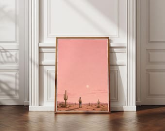 Póster de vaquero rosa del desierto, lámina decorativa de paisaje del oeste para pared, pintura minimalista del desierto, decoración de vaquero rosa pálido, descarga digital.