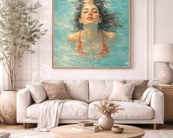 Woman underwater portrait blue water poster artistic print serene female wall art bathroom spa modern aesthetic style digital download