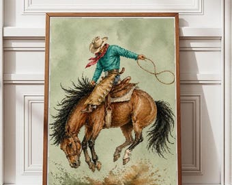 Póster de rodeo de vaqueros del oeste, arte de pared, decoración rústica de rancho, pintura de estilo campestre vintage, decoración verde salvia, arte de vaquera - Descargar